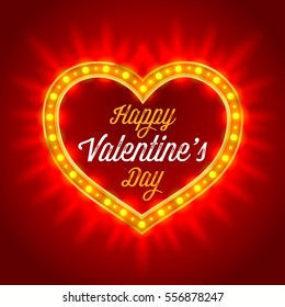 Retro Neon Lights Frame in Heart Shape. Romantic Design for Valentines Day. Vintage  vector illustration.