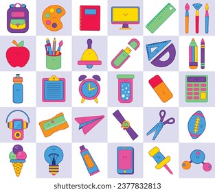 Retro Neon Linear color flat icons. School and educational flat icons set. School stationary supplies accessories vector illustration. Set of flat signs and symbols for web and apps.