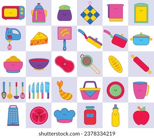 Retro Neon Linear color flat icons. Kitchen and Cooking Icons. kitchen appliances clipart and kitchenware.