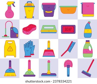 Retro Neon Linear color flat icons. Cleaning flat icon set. Cleaning supplies and tools flat icons set. Housekeeping service and Maid cleaner equipment.