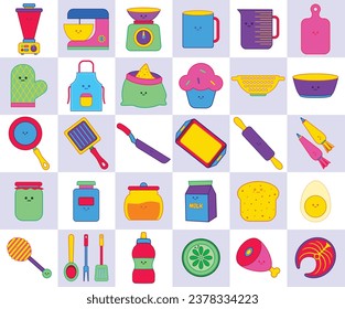 Retro Neon Linear color flat icons. Kitchen and Cooking Icons. kitchen appliances clipart and kitchenware.