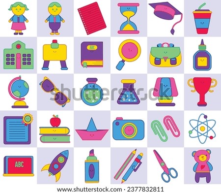 Retro Neon Linear color flat icons. School and educational flat icons set. School stationary supplies accessories vector illustration. Set of flat signs and symbols for web and apps.