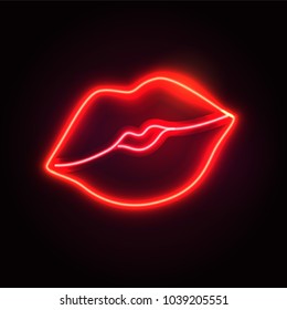 Retro neon lips sign. Design element for Happy Valentine's Day. Ready for your design, greeting card, banner. Vector illustration.
