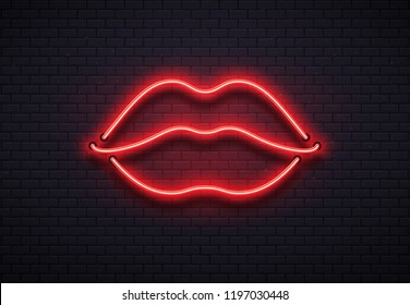 Retro Neon Lips Sign. Romantic Kiss, Kissing Couple Lip Bar. 