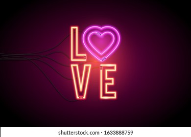 Retro neon Love sign on purple background. Design element for Valentine's Day. Vector illustration. EPS 10