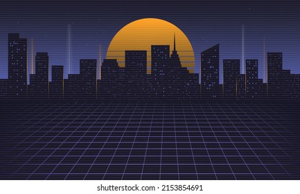 Retro neón de fondo de ciudad nocturna, Cityscape con sol retro y textura de grunge vintage. Vaporwave, Cyberpunk, fondo de los años 80. Ilustración del vector