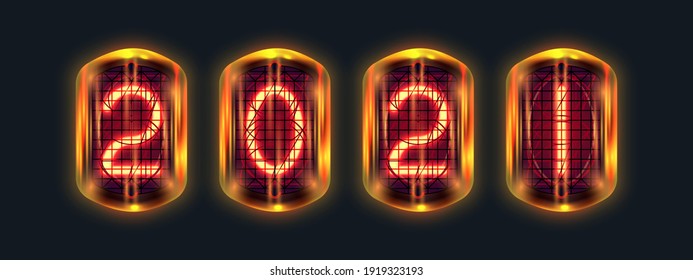 Retro neon numbers year 2021 from red lamps in-12, nixie tube indicator, lamp gas-discharge indicator, warm light, in glass with blue lighting on dark background. Vector steampunk illustration.
