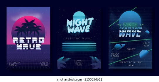 Retro Neon Party Posters. Synthwave, Electro Music Posters Design. Abstract Retro Futuristic Background Templates. Templates For Banner, Poster, Cover, Flyer. Retro 80's Design. Vector Illustration