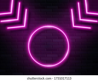 Retro Neon Pine Glowing Arrows with Circle Frame for Banner on Dark Empty Grunge Concrete Brick Background. Vector Vintage Purple Blue Colored Directions Lamp. Retro Neon Sign 