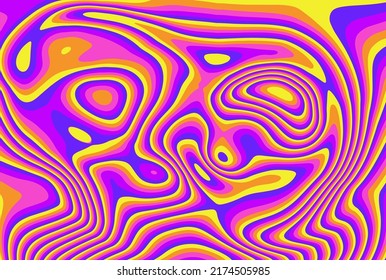 Retro neon psychedelic background with distorted and wavy lines and curves. The 60s and 70s hippie style.