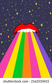 Retro neon Psychedelic hippie poster. 70s abstract covers with floating lips, rainbows and space. Psychedelic hippy Background from the 1970s.