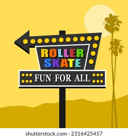 Retro neon roller skate sign with arrow
