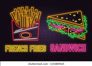 Retro neon sandwich and french fries sign on brick wall background. Design for cafe, restaurant. Vector. Neon design for pub or fast food business. Light sandwich and french fries sign banner.