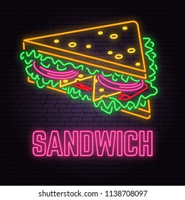 Retro neon sandwich sign on brick wall background. Design for cafe, hotel,restaurant or motel. Vector illustration. Neon design for shop, bar, pub or fast food business. Light sign banner. Glass tube.