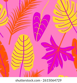 Retro neon seamless tropical pattern with banana, monstera and palm leaves in yellow, fuchsia and orange on pink for packaging, textile, wallpaper, wrapping, stationery, modern vibrant summer designs