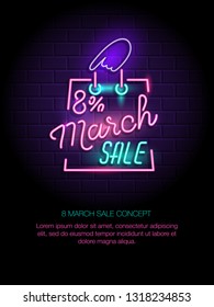 Retro neon sign. 8 percent discount. 8 March sale. Typographic neon poster, banner, template. Eps 10 vector illustration