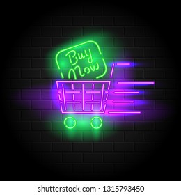 Retro neon sign buy now. Neon  shopping cart or basket with neon frame with Buy now inscription