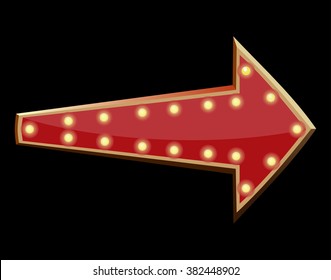 Retro neon sign. Glowing arrow. Red arrow pointer on a black background. American advertisement style. Vector illustration.