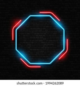 Retro neon sign. Led or halogen lamp border. Colorful neon frame. Shape sign on dark concrete brick background.