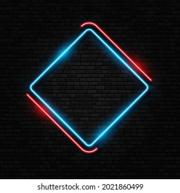 Retro neon sign. Led or halogen lamp border. Colorful neon frame set. Different shape signs collection on dark concrete brick background.