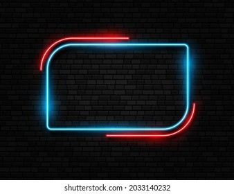 Retro neon sign. Led or halogen lamp border. Colorful neon frame set. Different shape signs collection on dark concrete brick background.