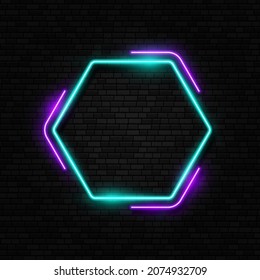 Signo de neón retro. Borde de la lámpara de lomo o halógeno. Marco de neón colorido. Señales de forma sobre el fondo de ladrillo oscuro.