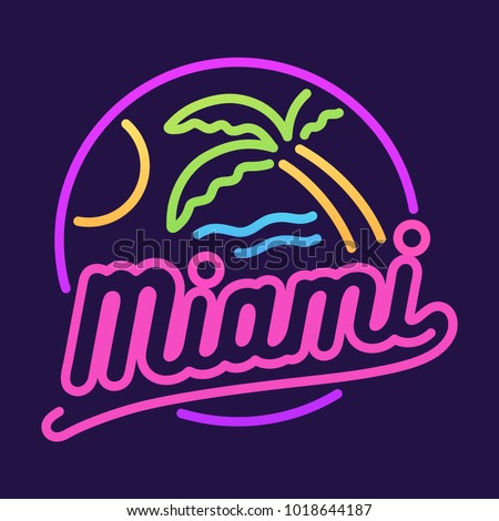 Retro neon sign, Miami beach and palm tree. 80s style vector illustration.