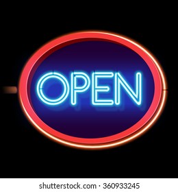 Retro neon sign on the street open. Oval frame with  3D burning electric lamp. The sign at the store, club or bar. Red light from the bright light falls on a black background. Vector illustration