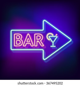 Retro neon sign with the word bar. Vintage electric arrow symbol. Burning a pointer to a black wall in a club, bar or cafe. Design element for your ad, signs, posters, banners. Vector illustration