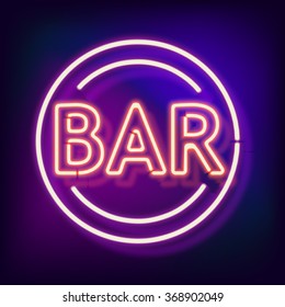 Retro neon sign with the word bar. Vintage electric symbol. Burning a pointer to a black wall in a club, bar or cafe. Design element for your ad, signs, posters, banners. Vector illustration