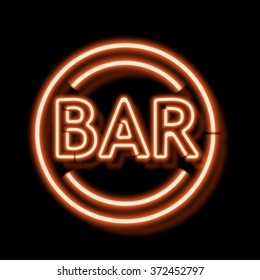 Retro neon sign with the word bar. Vintage electric symbol. Burning a pointer to a black wall in a club, bar or cafe. Design element for your ad, signs, posters, banners. Vector illustration