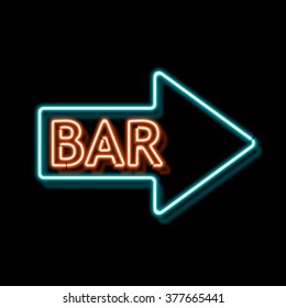 Retro neon sign with the word bar. Vintage electric arrow symbol. Burning a pointer to a black wall in a club, bar or cafe. Design element for your ad, signs, posters, banners. Vector illustration