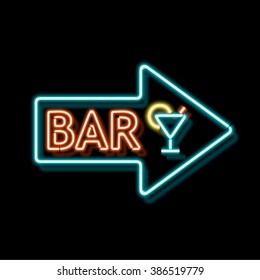 Retro neon sign with the word bar. Vintage electric arrow symbol. Burning a pointer to a black wall in a club, bar or cafe. Design element for your ad, signs, posters, banners. Vector illustration