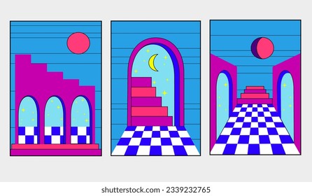 Retro Neon Styled Arch Set. Surreal landscape with arch door in the starry sky. Posters with surreal abstract arch interior with checkerboard floor. Vaporwave style vector illustration.