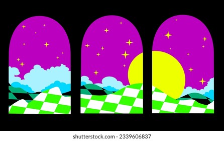 Retro Neon Styled Arch Set. Surreal landscape with arch door in the starry sky. Posters with surreal abstract arch interior with checkerboard floor. Vaporwave style vector illustration.