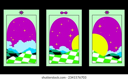 Retro Neon Styled Arch Set. Surreal landscape with arch door in the starry sky. Posters with surreal abstract arch interior with checkerboard floor. Vaporwave style vector illustration.