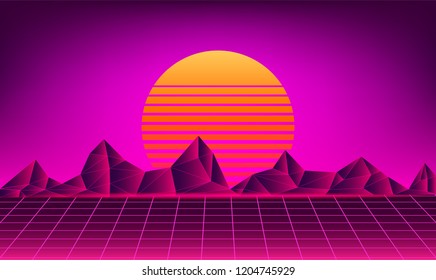 Retro neon sun background . Vector sunset  80s music poster 