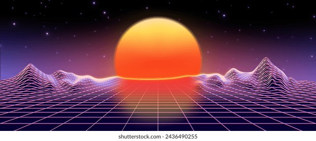 Retro neon sunset synthwave background from 80s. Cyber grid with abstract futuristic vaporwave, sun and mountain landscape. Disco surreal vapor graphic design illustration for music party rave.