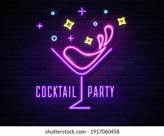 Retro neon wine glass sign on brick wall background. Neon design cocktail party banner for sign, label, banner, advertising. Vector illustration. Neon design for bar, pub or restaurant business