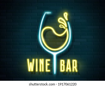 Retro neon wine glass sign on brick wall background. Neon design of white wine for sign, label, banner, advertising. Vector illustration. Neon design for bar, pub or restaurant business