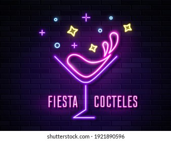 Retro Neon Wine Glass Sign On Brick Wall Background. Neon Design Cocktail Party Banner For Sign, Label, Banner, Advertising. Vector Illustration. Neon Design For Fiesta Or Restaurant