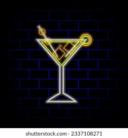 Retro neon wine glass sign on brick wall background. Neon design cocktail party banner for sign, label, banner, advertising. Vector illustration. Neon design for fiesta or restaurant.