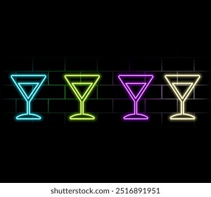 Retro neon wine glass sign on brick wall background. Neon design cocktail party banner for sign, label, banner, advertising. Vector illustration. Neon design for fiesta or restaurant