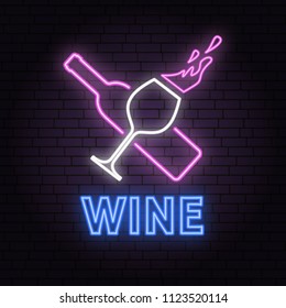Retro neon wine sign on brick wall background. Neon design for sign or label. Vector illustration. Neon design for bar, pub or restaurant business. Coaster for wine glasses