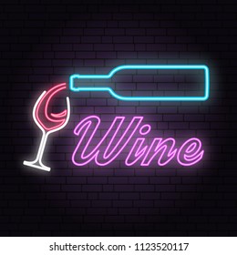 Retro neon wine sign on brick wall background. Neon design for sign or label. Vector illustration. Neon design for bar, pub or restaurant business. Coaster for wine glasses