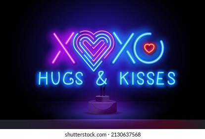 Retro neon xoxo sign. Design element for Happy Valentine's Day. Ready for your design, greeting card, banner. Vector illustration.