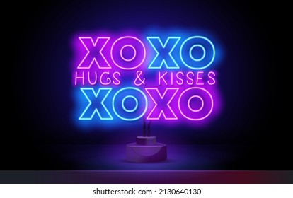 Retro neon xoxo sign. Design element for Happy Valentine's Day. Ready for your design, greeting card, banner. Vector illustration.