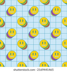 Retro neutral face seamless pattern on a blue background. Vintage pop culture pattern for posters and t-shirt prints. Groovy vector editable illustration  EPS 10