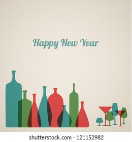 Retro New Year card with bottles and glasses