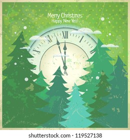 Retro new year card with clock and fir-trees.